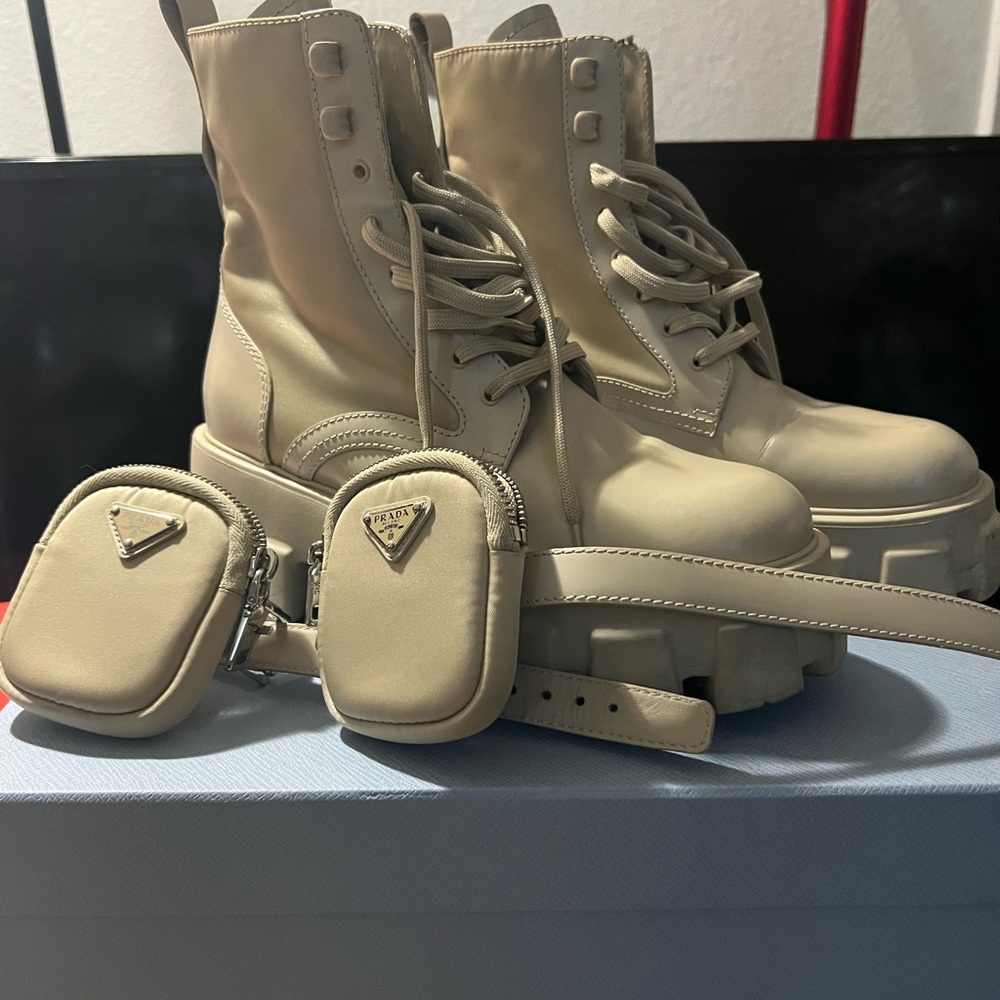 Prada Cream Combat Moto Boots with Leather Finish